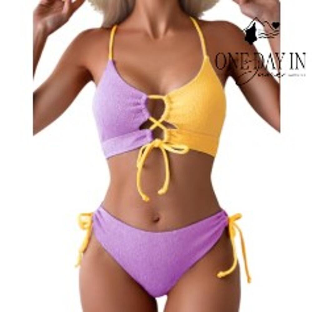 B2Prity Textured Tie Side Tie Back Keyhole Bikini Swimsuit Size M